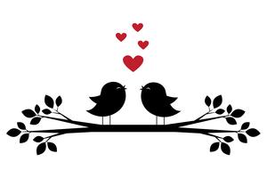 Silhouettes of cute birds sing and red hearts vector