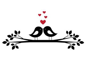 Silhouettes cute birds kiss and red hearts vector