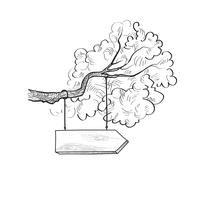 Poste indicador de la flecha en la rama de árbol. Dibujado letrero de madera. Signo de información vector