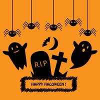 Happy Halloween card with black silhouettes on orange background