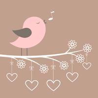Lindo pájaro rosa canta con flores de encaje y corazones vector