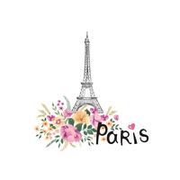 Paris background. Floral Paris sign with flowers, Eiffel tower. Travel France icon vector