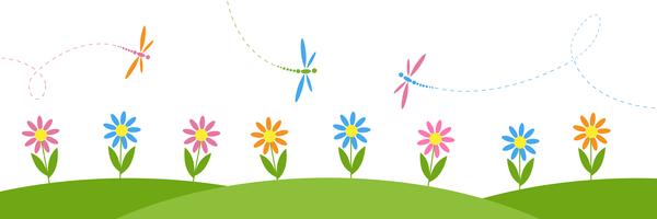 Vector horizontal background with flowers and dragonflies