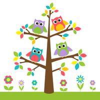 Cute owls on colorful tree and flowers vector