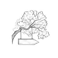 Poste indicador de la flecha en la rama de árbol. Doodle señal de tráfico de madera. Plan vector