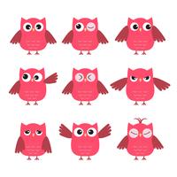 Set of cute pink owls with various emotions