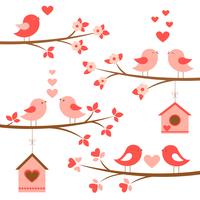 Set of cute birds in love on blooming branches vector