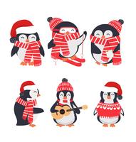 Pingüino de invierno con gorro rojo y conjunto de bufanda vector