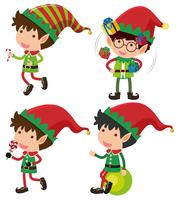 Four christmas eleves with presents and candy vector