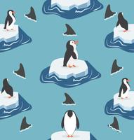 penguins on a piece of iceberg with fin sharks pattern