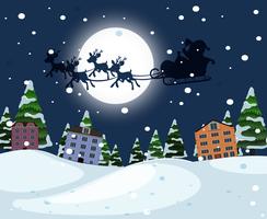 Silhouette santa riding sleigh over town vector