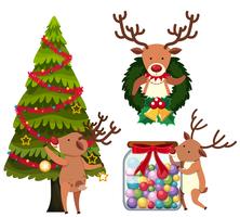 Reindeer decorating christmas tree vector