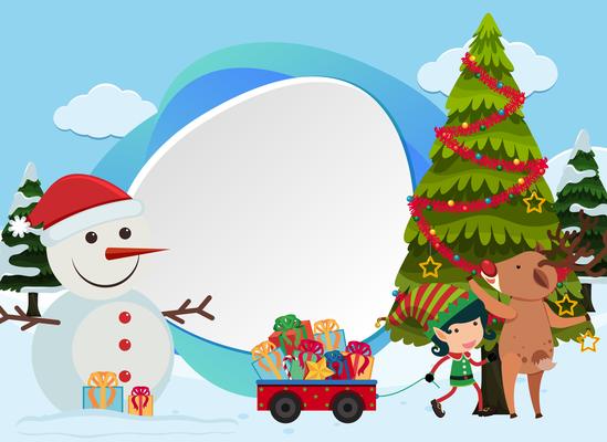 Christmas background with snowman and tree