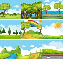 Nine nature scenes with green trees vector