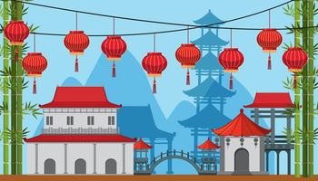 Background scene with buildings and lamps in china town vector