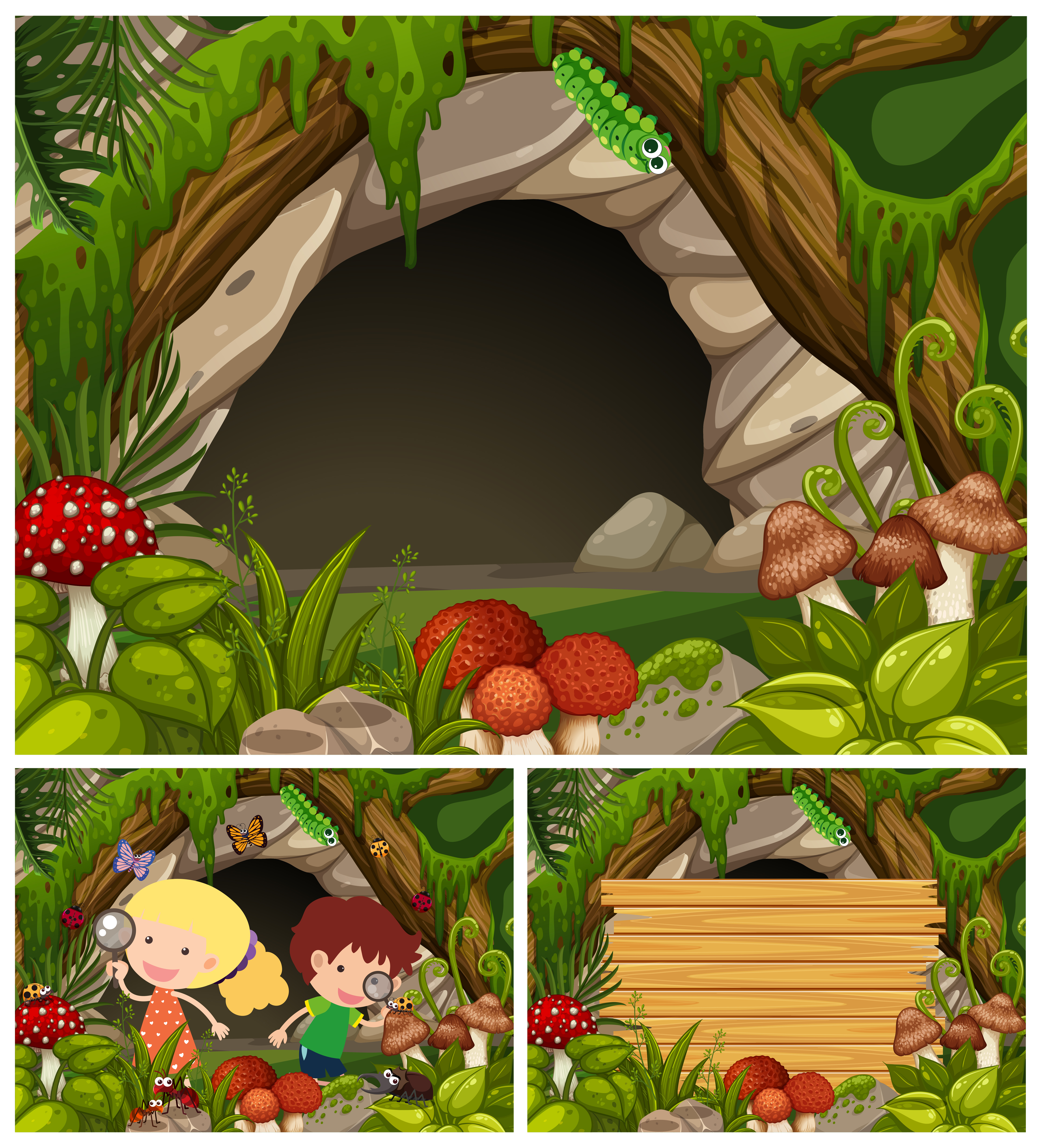 Kids Looking At Insects By The Cave Download Free Vectors