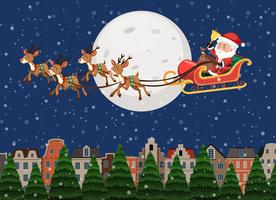 Santa claus riding sleigh over town vector