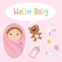Diseño de cartel con bebé envuelto en rosa. vector