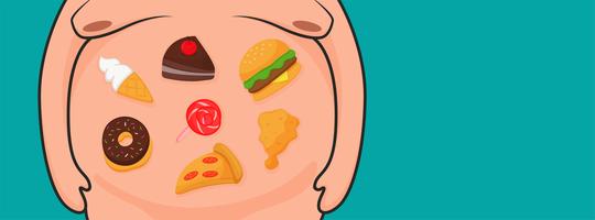 Obesidad. El vientre de un hombre gordo que come Pero comida chatarra o comida rápida. vector