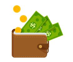 Brown leather wallet with lots of money. Vector Illustration.