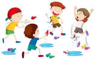 Children playing water balloon fight vector