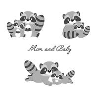 Set of little raccoon and mother. Woodland animal cartoon. vector