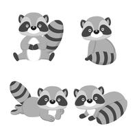 cute raccoons in different pose. Vector illustration.