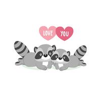 Tarjeta de felicitación feliz del día de tarjeta del día de San Valentín con los mapaches lindos de los pares en amor. vector
