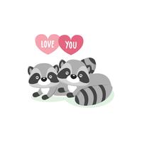 Tarjeta de felicitación feliz del día de tarjeta del día de San Valentín con los mapaches lindos de los pares en amor. vector