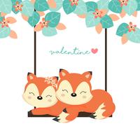 Valentine's Day Cards. Couple foxes on swing in the forest. vector