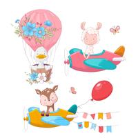 Cute cartoon illustration set air transport airplane helicopter and balloon hand drawing style. vector