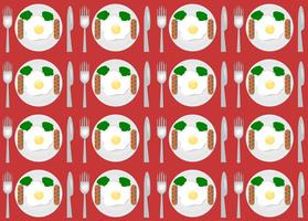 Set of seamless pattern fried egg on a plate with fork and knife on top view. vector picnic illustration.