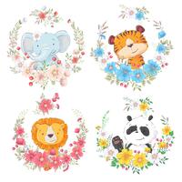 Set of cartoon cute animals elephant tiger lion and panda in flower wreaths for kids clipart. vector