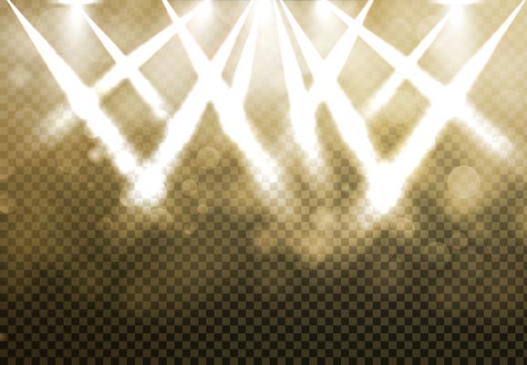 Shining Gold disco spotlights with blured bokeh on transparency background.