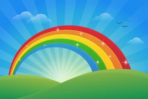 Meadow and the light of the sky in the morning with a beautiful rainbow. vector