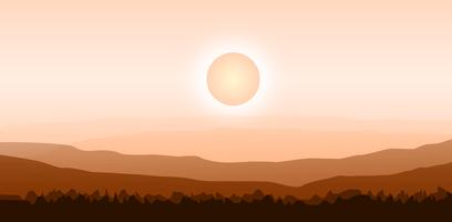 illustration Vector design background with hot summer landscape on mountains, forest.