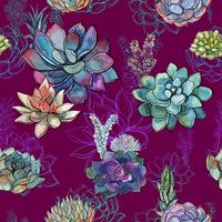 Seamless pattern with succulents on Burgundy background. Graphics. Watercolor. vector