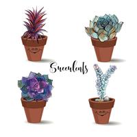 Succulents in clay pots. Set. Graphics with watercolor. Vector. vector