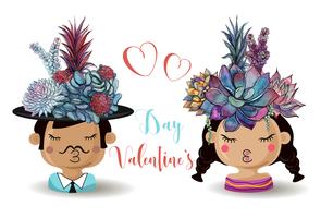 Feliz día de San Valentín. Niño y niña con flores suculentas. Acuarela vector