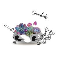 Decorative composition of succulents. In a flower pot in the form of a spotted cat. Graphics watercolor. Vector.