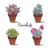 Succulents in clay pots. Set. Graphics with watercolor. Vector. vector