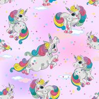 Seamless pattern with magic unicorns. Pink sky background with stars. For girls. Vector. vector