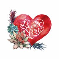 Día de San Valentín. Acuarela corazón y suculentas. Letras. vector