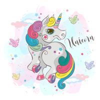 Magic unicorn.My baby. Fairy pony. Rainbow mane. Cartoon-style. Vector
