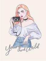 typography slogan with cute girl and camera illustration