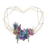 Gold heart frame with succulents. Valentine. Watercolor.Graphics. Vector. vector