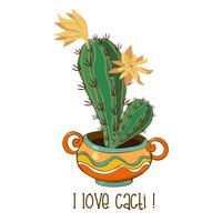 Cactus en una bonita olla de barro. Inscripción. Me encantan los cactus. Vector