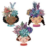 Set of cheerful pots in the form of girls with bouquets of succulents. vector