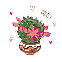 Cactus with a wreath of flowers. Cacti in a pot . Vector illustration.