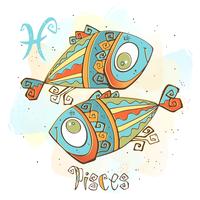 Children's horoscope icon. Zodiac for kids. Pisces sign . Vector. Astrological symbol as cartoon character.